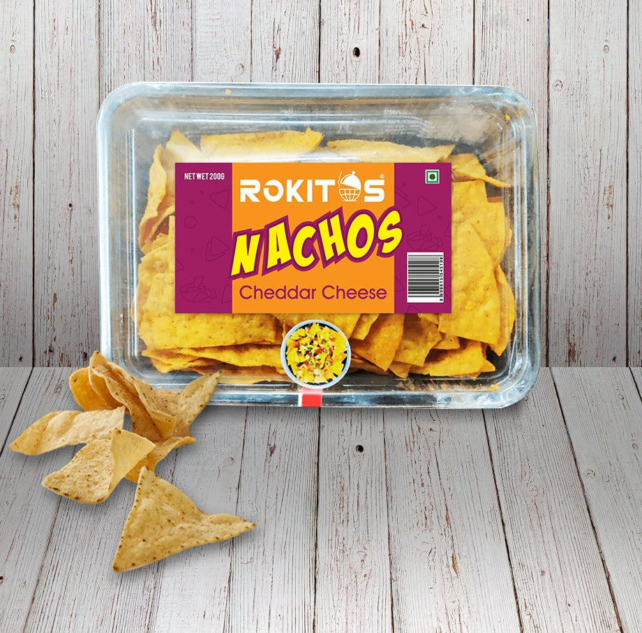 Rokitos- Nachos| Jain| Vegetarian| Crispy Nachos| Nachos Chips| Mexican Dish| Cheddar Cheese| Cheddar Cheese Nachos| Mexican beans| Rokitos Nachos| Red Salsa| Cheesy Jalapeno| Cheddar Cheese| Cheese| Cheddar Cheese Nachos