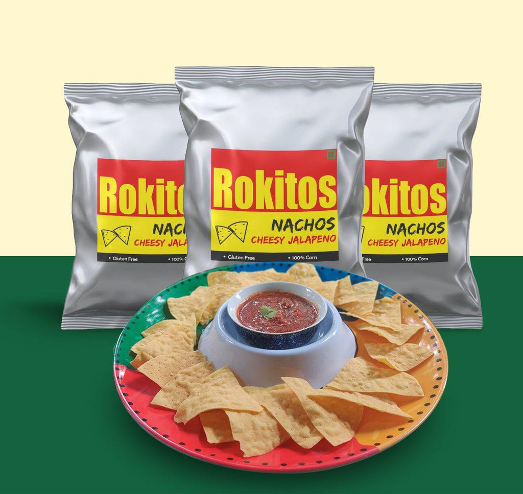 Rokitos- Nachos| Jain| Vegetarian| Crispy Nachos| Nachos Chips| Mexican Dish| Cheddar Cheese| Cheddar Cheese Nachos| Mexican beans| Rokitos Nachos| Red Salsa| Cheesy Jalapeno| Jalapeno Nachos
