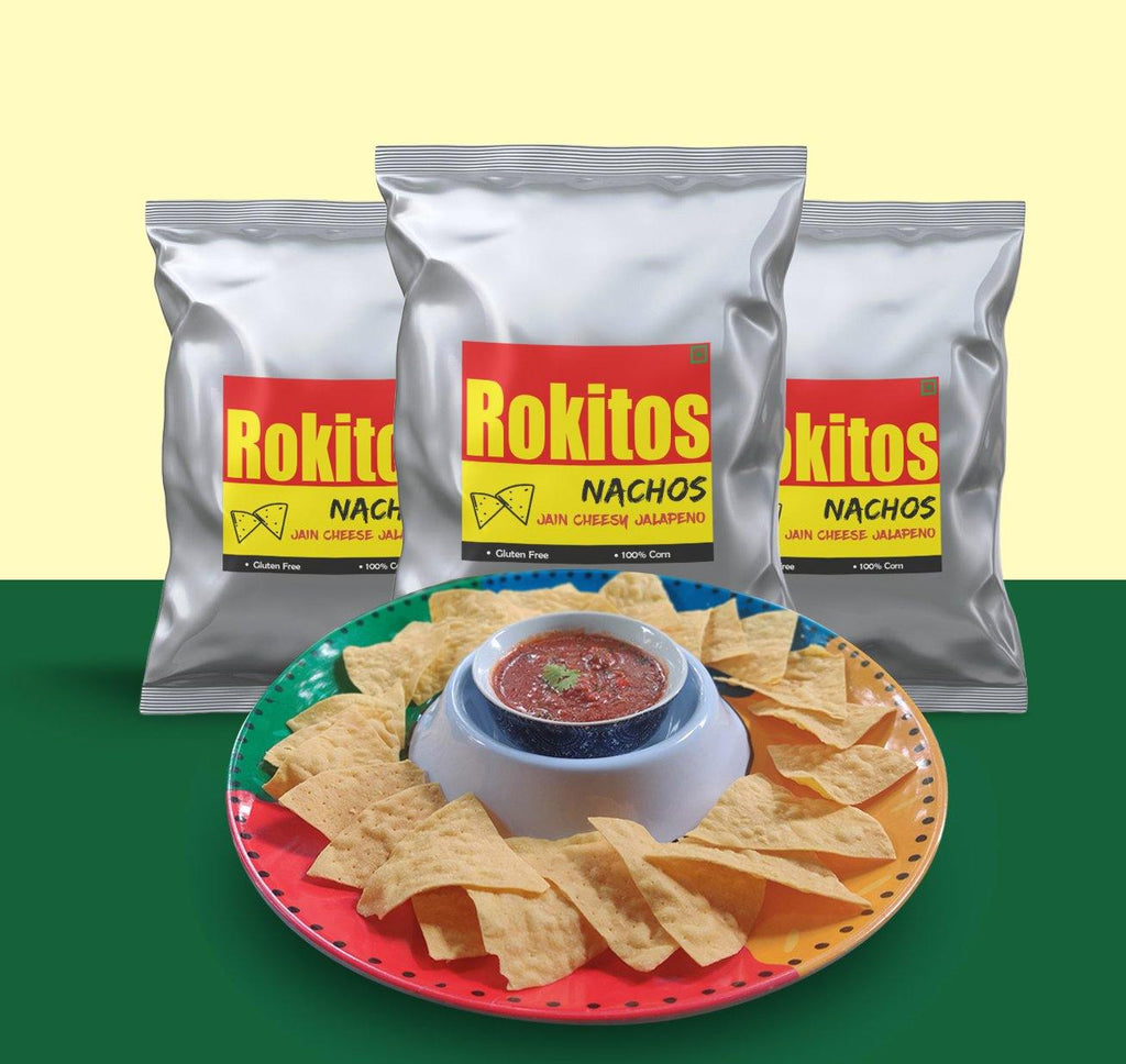 Rokitos- Nachos| Jain| Vegetarian| Crispy Nachos| Nachos Chips| Mexican Dish| Cheddar Cheese| Cheddar Cheese Nachos| Mexican beans| Rokitos Nachos| Red Salsa| Cheesy Jalapeno| Jalapeno Nachos