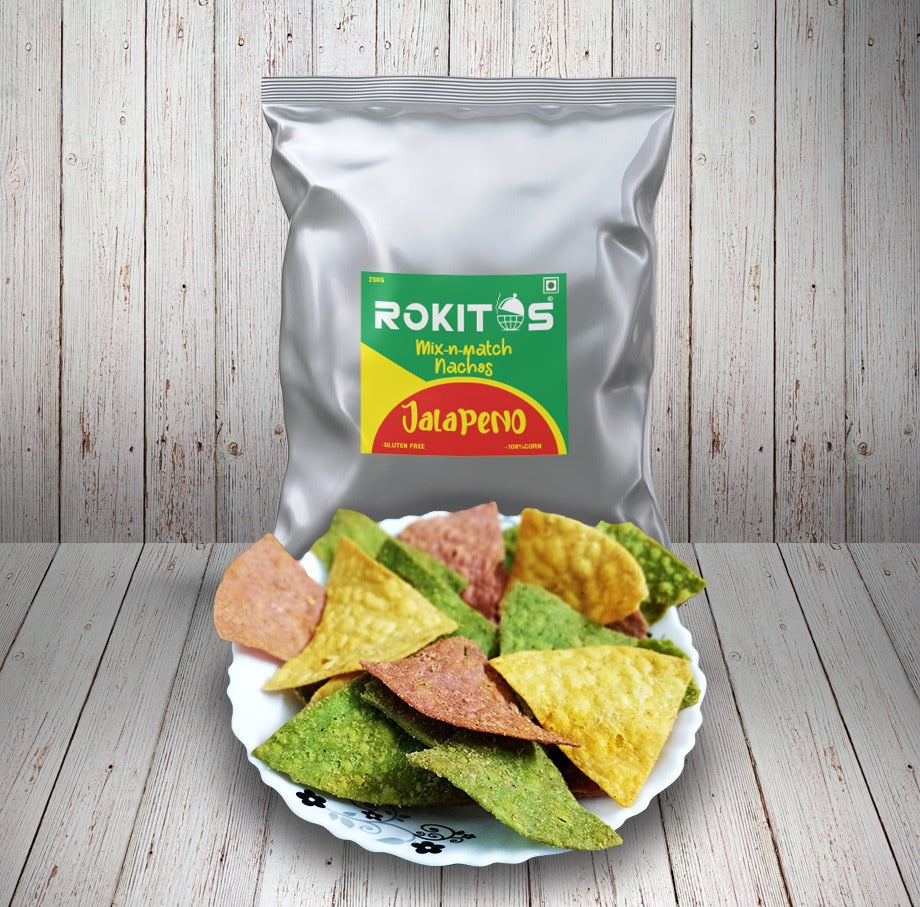 Rokitos- Nachos| Jain| Vegetarian| Crispy Nachos| Nachos Chips| Mexican Dish| Jalapeno| Jalapeno Nachos| Colorful Nachos| Mix-n-match Nachos| Beetroot Nachos| Red Nachos| Spinach Nachos| Green Nachos| Yellow Nachos