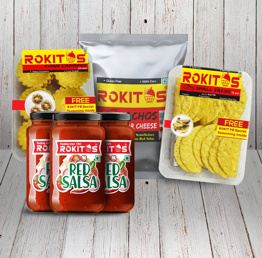 Rokitos- Nachos| Jain| Vegetarian| Crispy Nachos| Nachos Chips| Mexican Dish| Taco Shells| Red Salsa| Cheddar Cheese Nachos| Corn Canapes