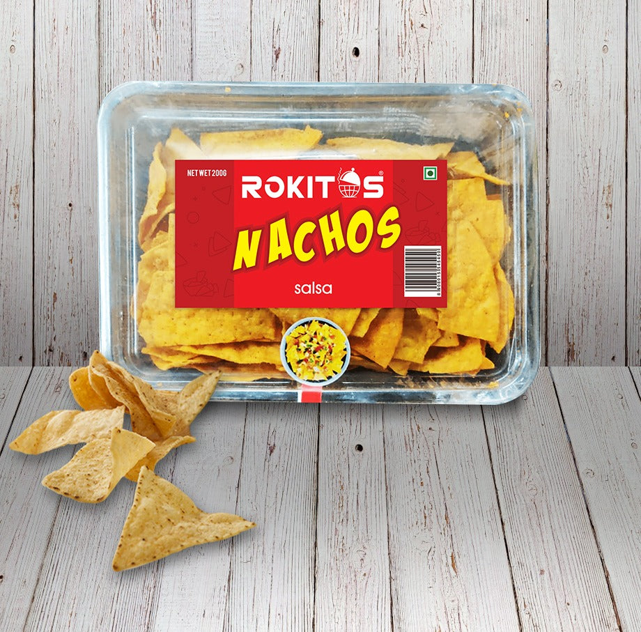 Rokitos- Nachos| Jain| Vegetarian| Crispy Nachos| Nachos Chips| Mexican Dish| Cheddar Cheese| Cheddar Cheese Nachos| Mexican beans| Rokitos Nachos| Red Salsa| Cheesy Jalapeno| Peri-Peri| Peri-Peri Nachos|| Salsa Nachos| Salsa