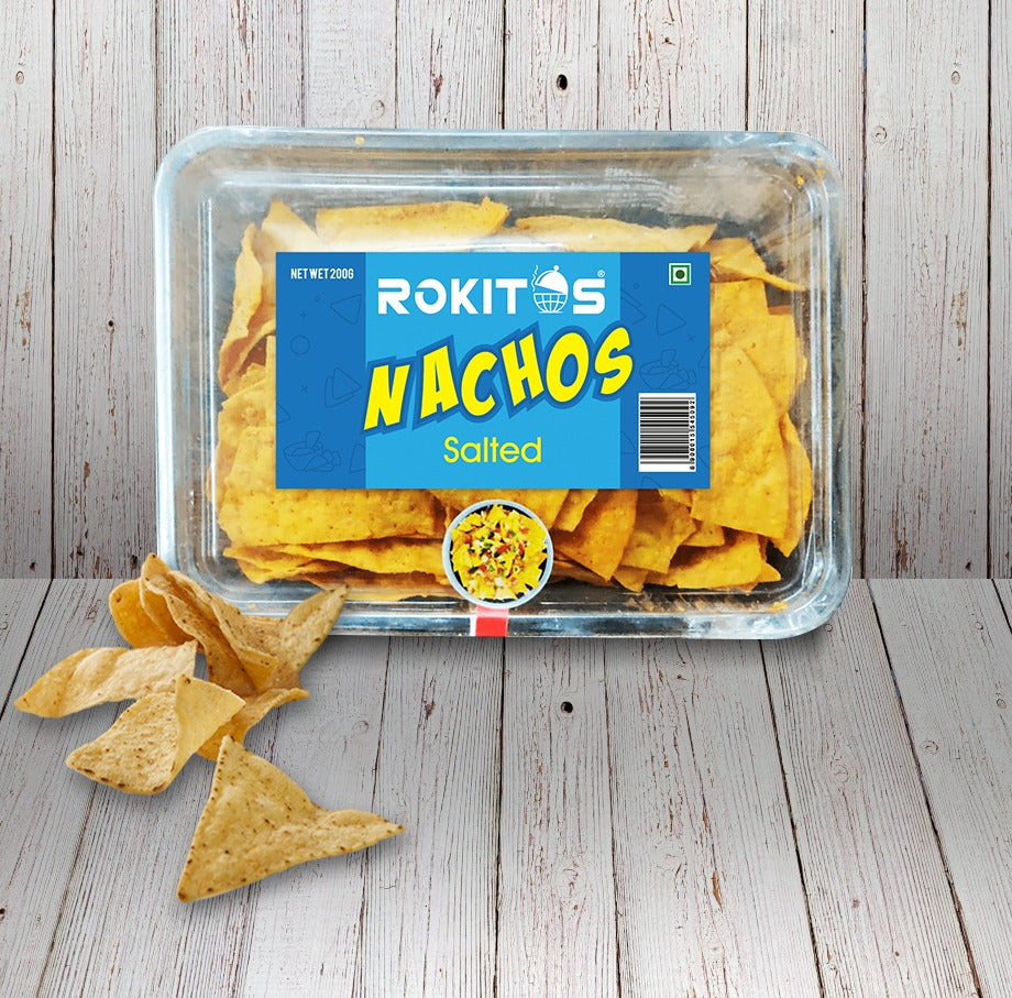 Rokitos- Nachos| Jain| Vegetarian| Crispy Nachos| Nachos Chips| Mexican Dish| Cheddar Cheese| Cheddar Cheese Nachos| Mexican beans| Rokitos Nachos| Red Salsa| Cheesy Jalapeno| Peri-Peri| Peri-Peri Nachos|| Salsa Nachos| Salsa| Salted nachos| Salted