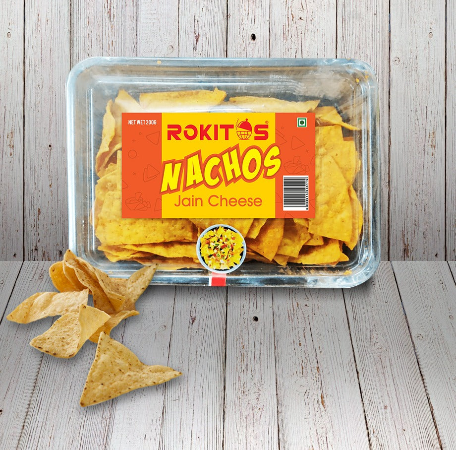 Rokitos- Nachos| Jain| Vegetarian| Crispy Nachos| Nachos Chips| Mexican Dish| Cheddar Cheese| Cheddar Cheese Nachos| Mexican beans| Rokitos Nachos| Red Salsa| Cheesy Jalapeno| Cheddar Cheese| Cheese| Cheddar Cheese Nachos| Jain Cheese| Jain Cheese Nachos