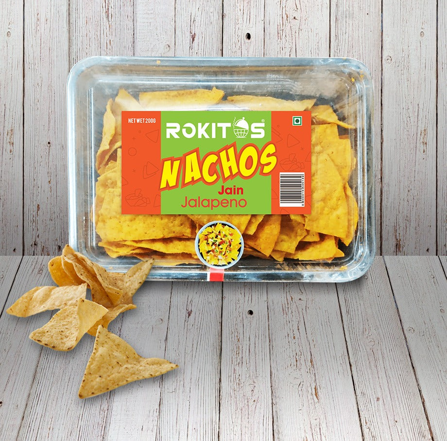 Rokitos- Nachos| Jain| Vegetarian| Crispy Nachos| Nachos Chips| Mexican Dish| Cheddar Cheese| Cheddar Cheese Nachos| Mexican beans| Rokitos Nachos| Red Salsa| Cheesy Jalapeno| Jain Jalapeno| Jain Jalapeno Nachos